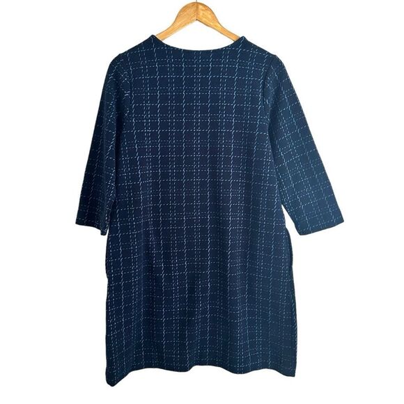 J Jill Navy Blue Checkered 3/4 Sleeve Shift Viscose Rayon Dress Size Medium - Picture 3 of 7
